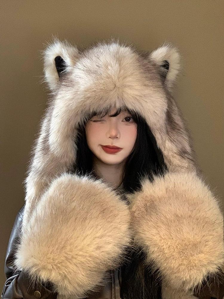 Cute fox ears plush hat scarf hat in one