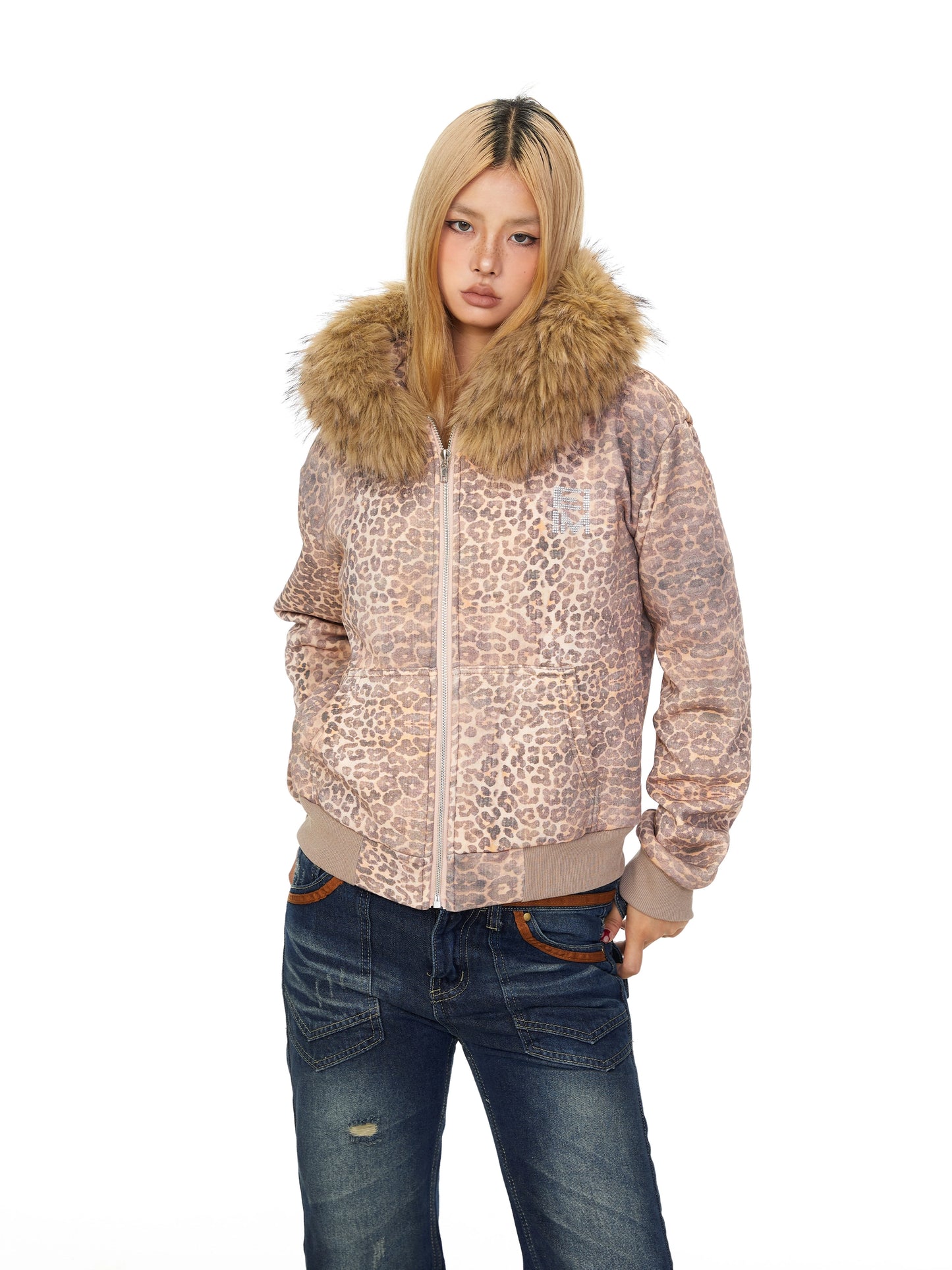 Leopard print and plush collar hooded sweatshirt