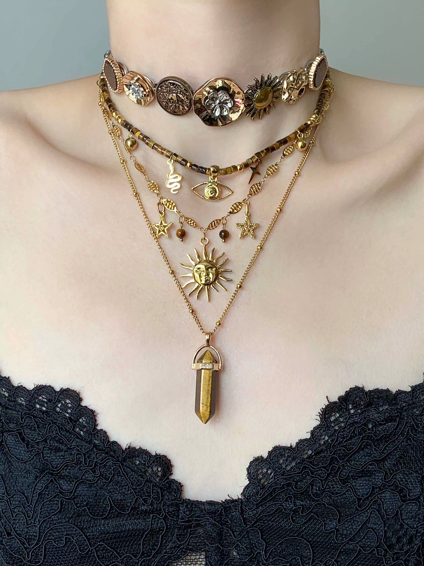 Prometheus Retro Tiger Eye Brown Starry Sun Multi Layer Stacked Necklace