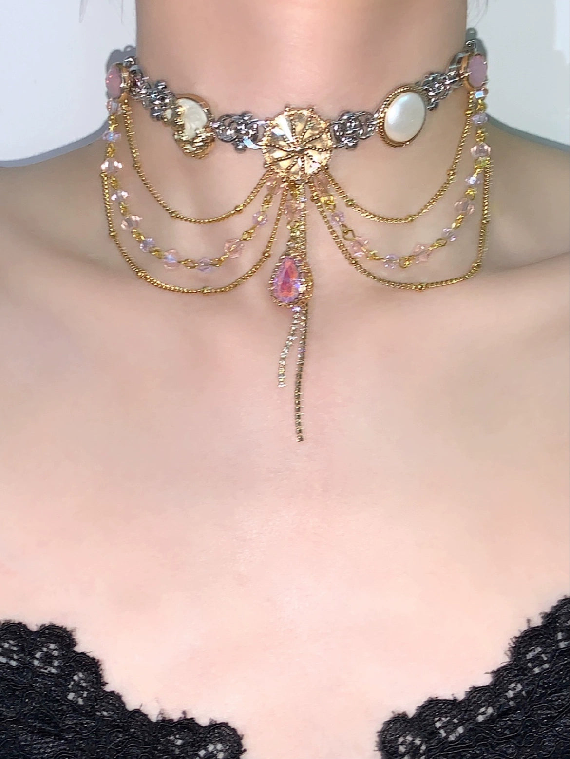 Mermaid Tears "Retro Pink Purple Heavy Industry Tassel Water Drop Titanium Steel Button Choker Necklace