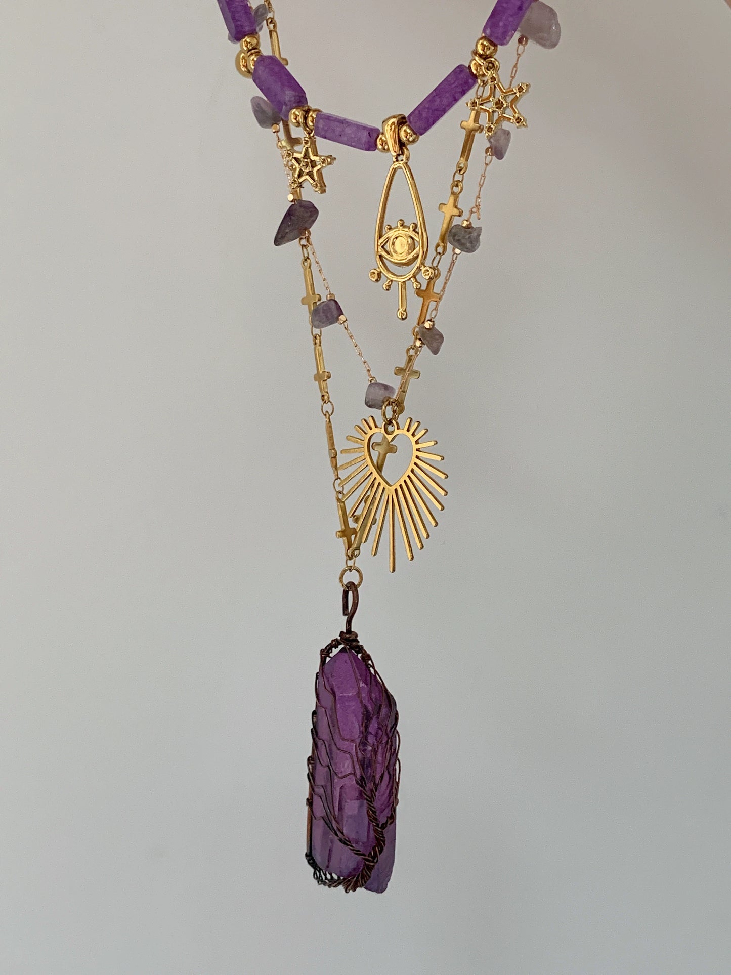 Purple Spirit Crystal Natural Stone Love Titanium Steel Necklace Stacked