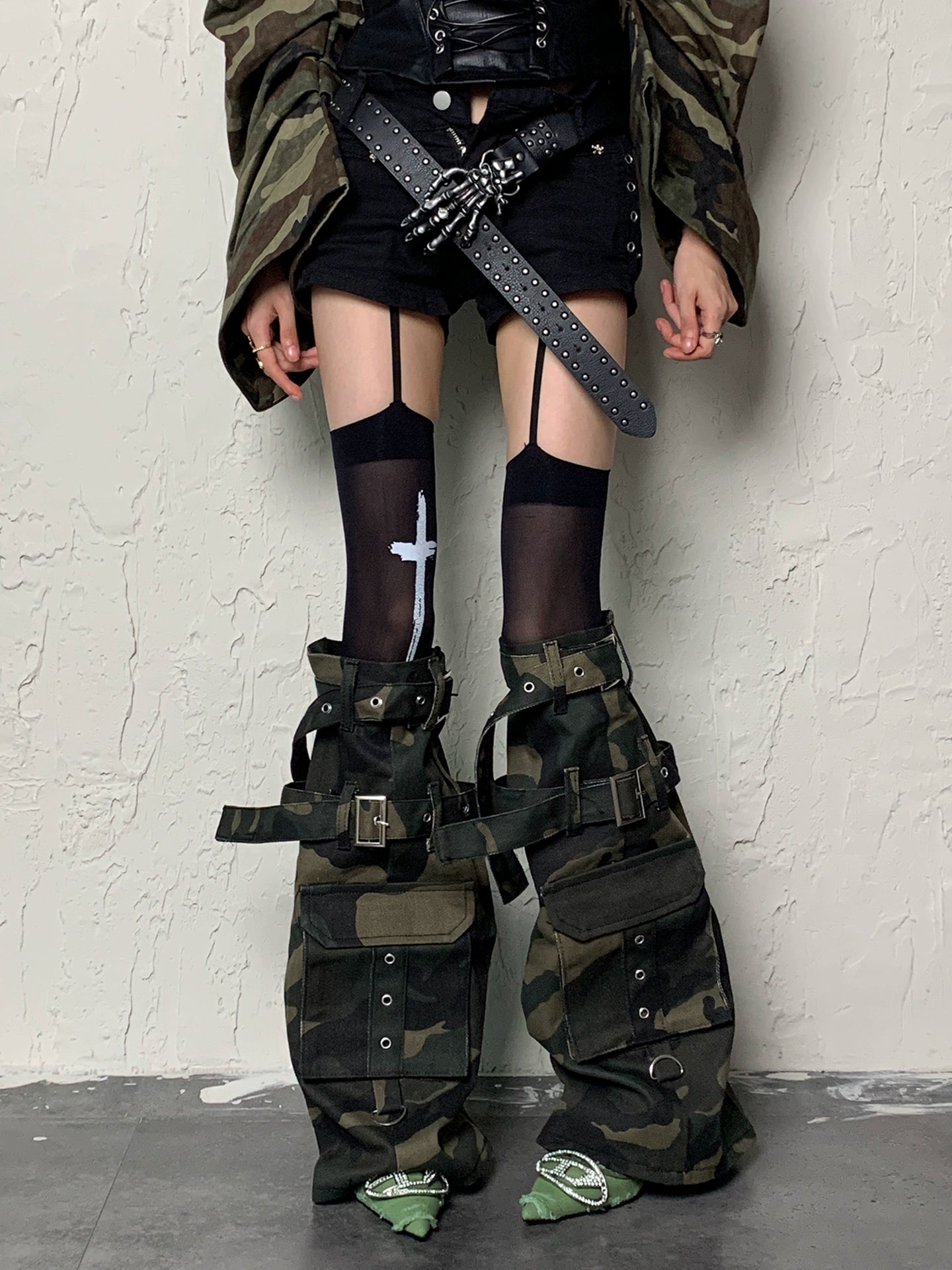 Y2K Apocalypse Sweetheart~White Bottom Black Cross Strap x Camouflage Punk Socks
