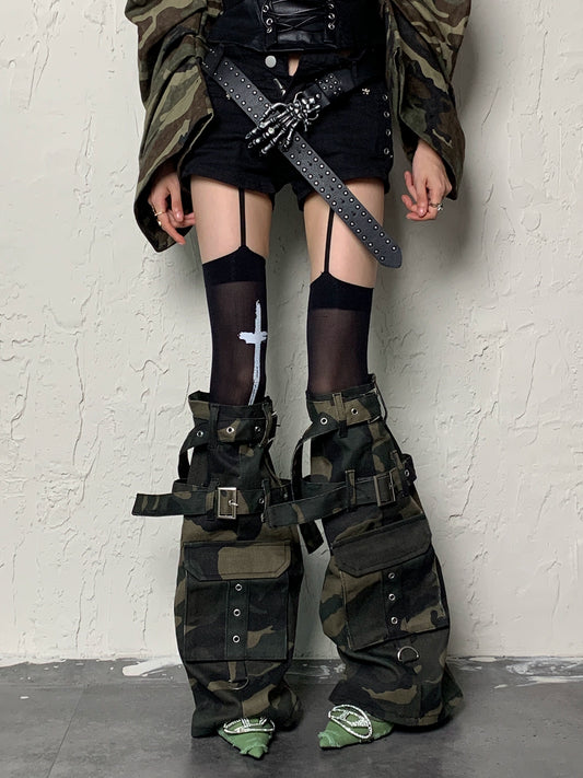 Y2K Apocalypse Sweetheart~White Bottom Black Cross Strap x Camouflage Punk Socks