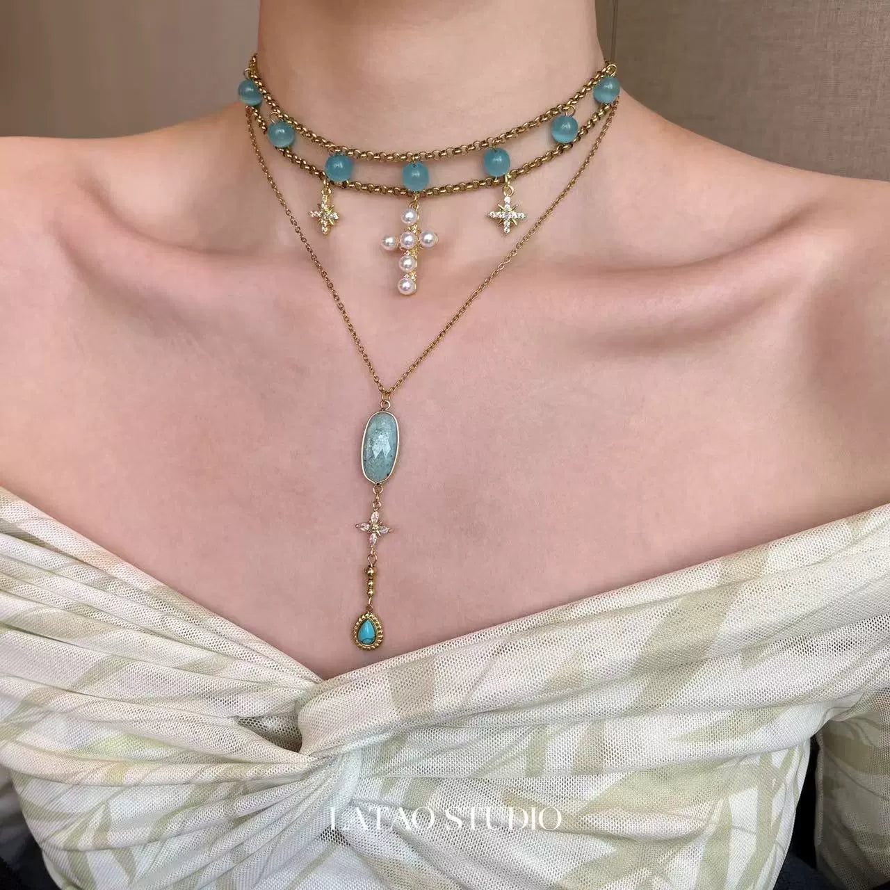 Blue Cat Eye Tianhe Stone Star Cross Titanium Steel Necklace Choker