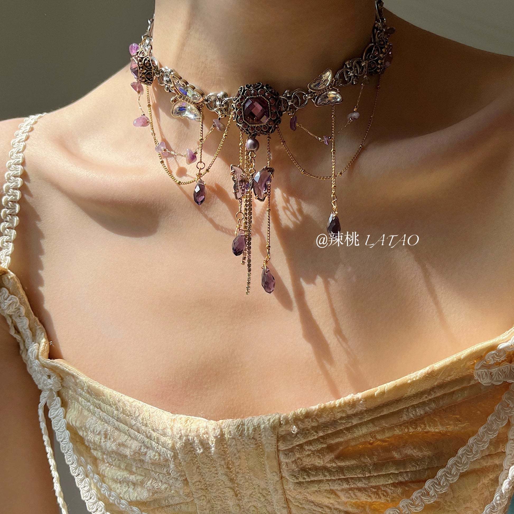 Tea Break Ball "Amethyst Retro Butterfly Tassel Titanium Steel Necklace Choker