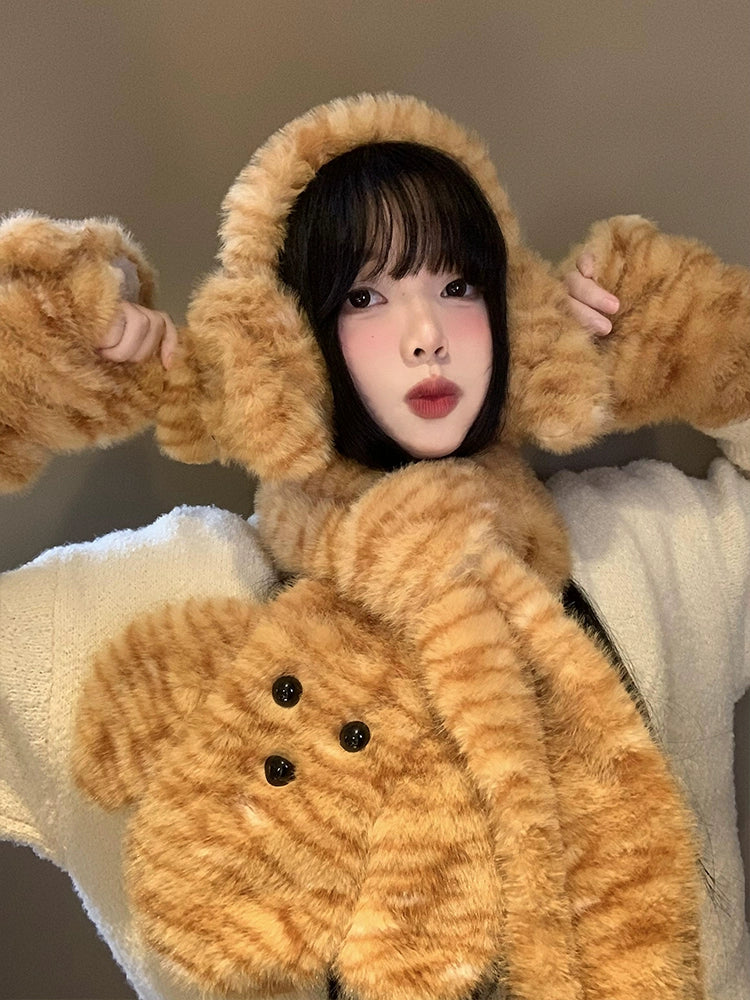 Cute tiger patterned dog scarf, earmuffs, gloves, three piece set