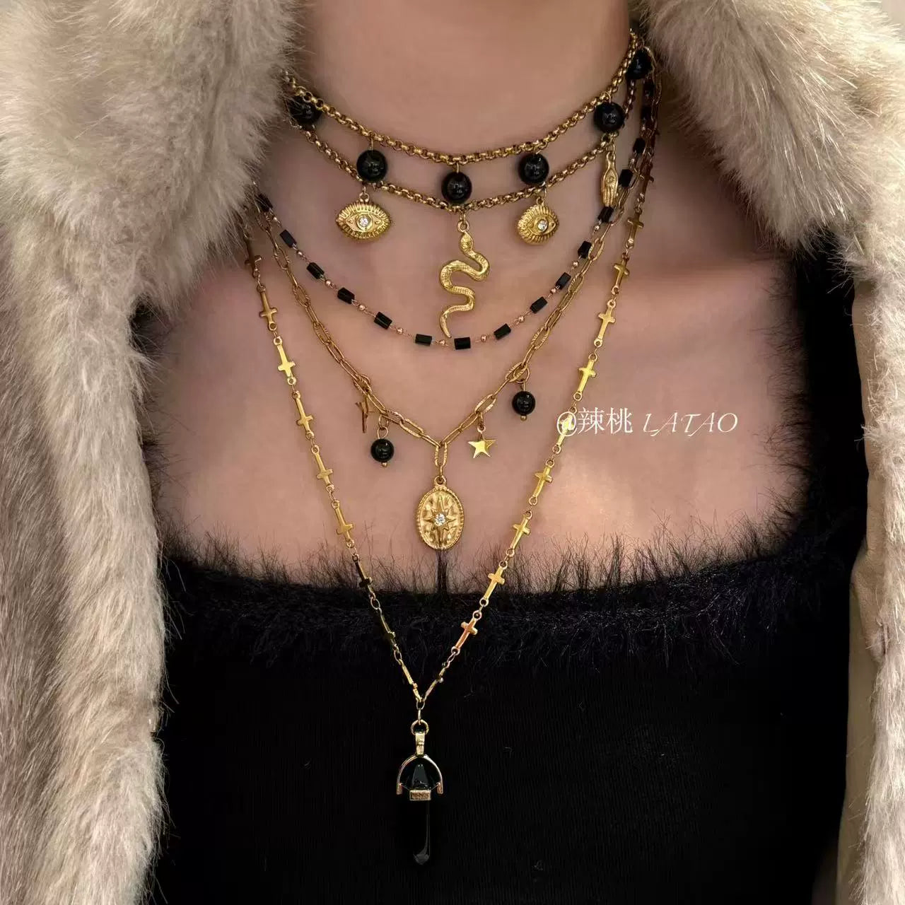 Midnight Sniper Black Gold Medusa Snake Titanium Steel Agate Necklace