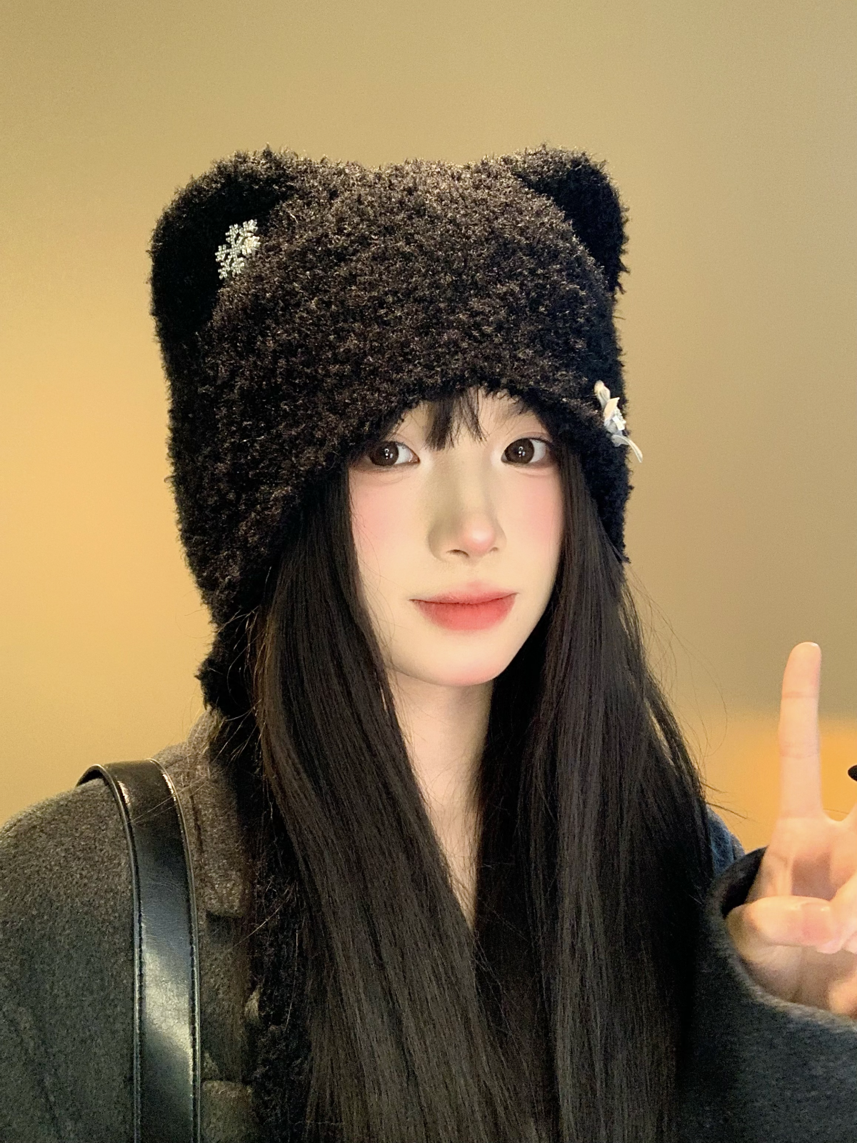 Black cat ear woolen hat