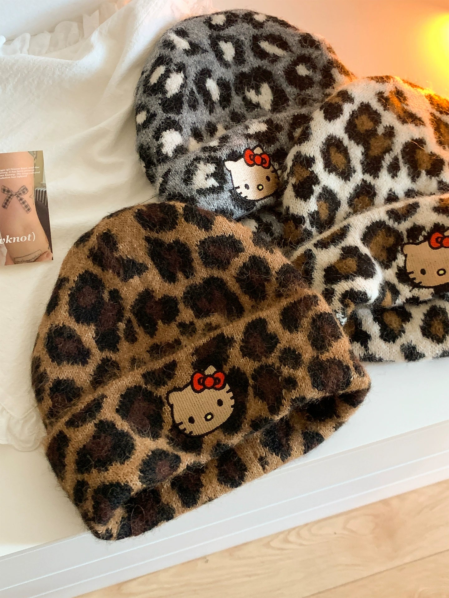 Kitty leopard print woolen hat