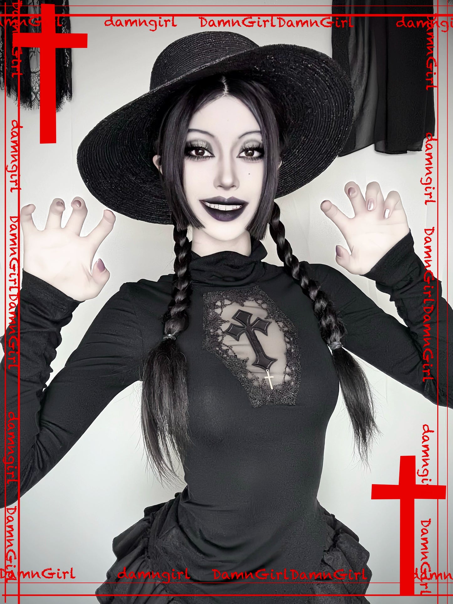 Dark Gothic Cross Hollow Micro Transparent High Neck Knitted Shirt