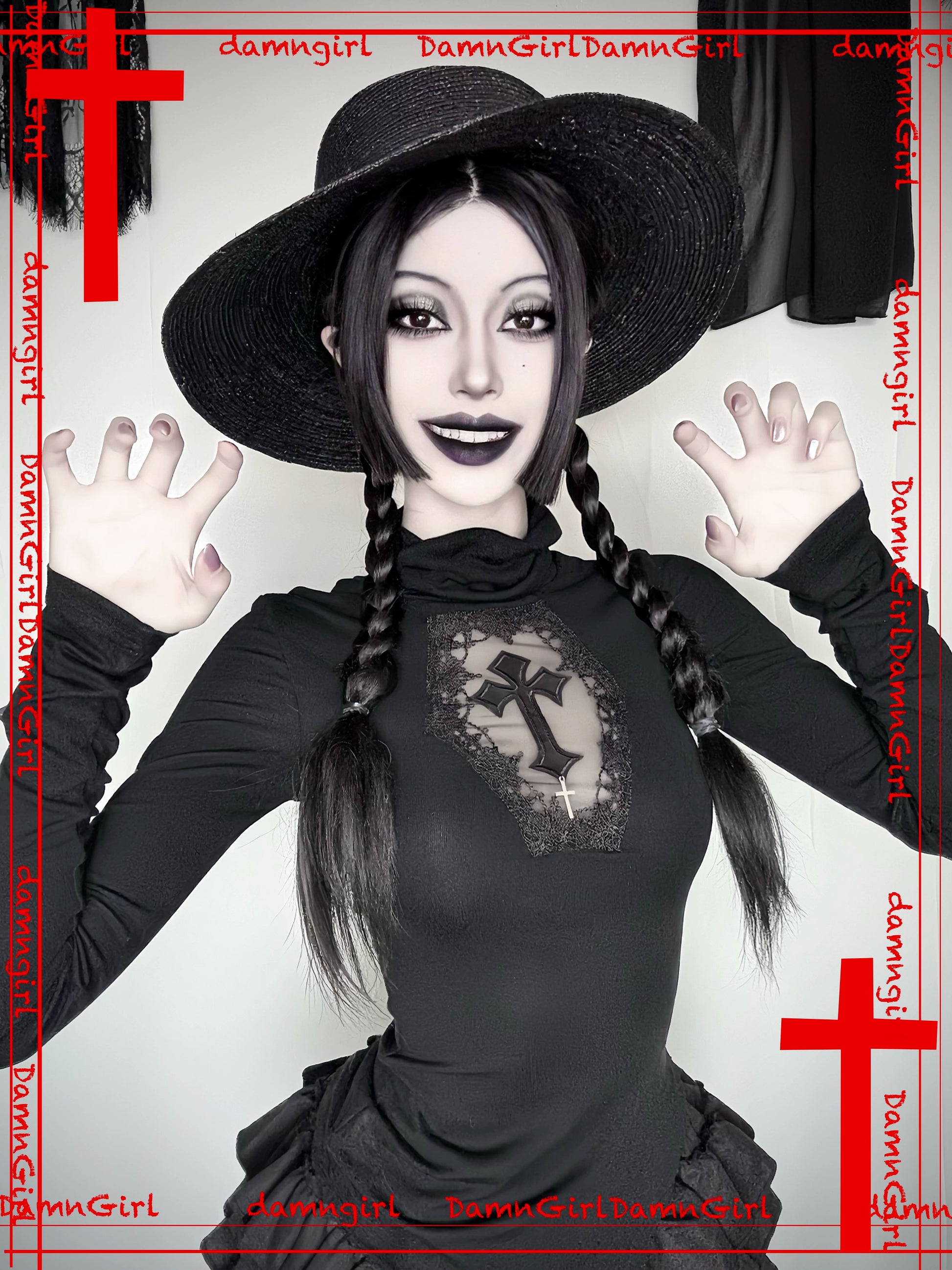 Dark Gothic Cross Hollow Micro Transparent High Neck Knitted Shirt