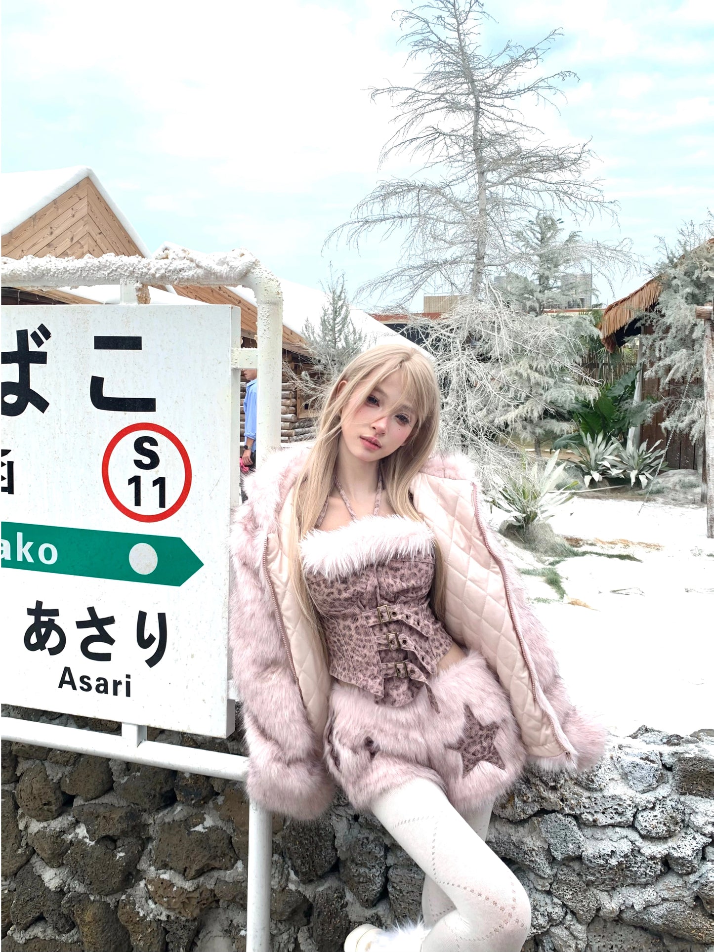 Leopard print tube top faux fur coat shorts set