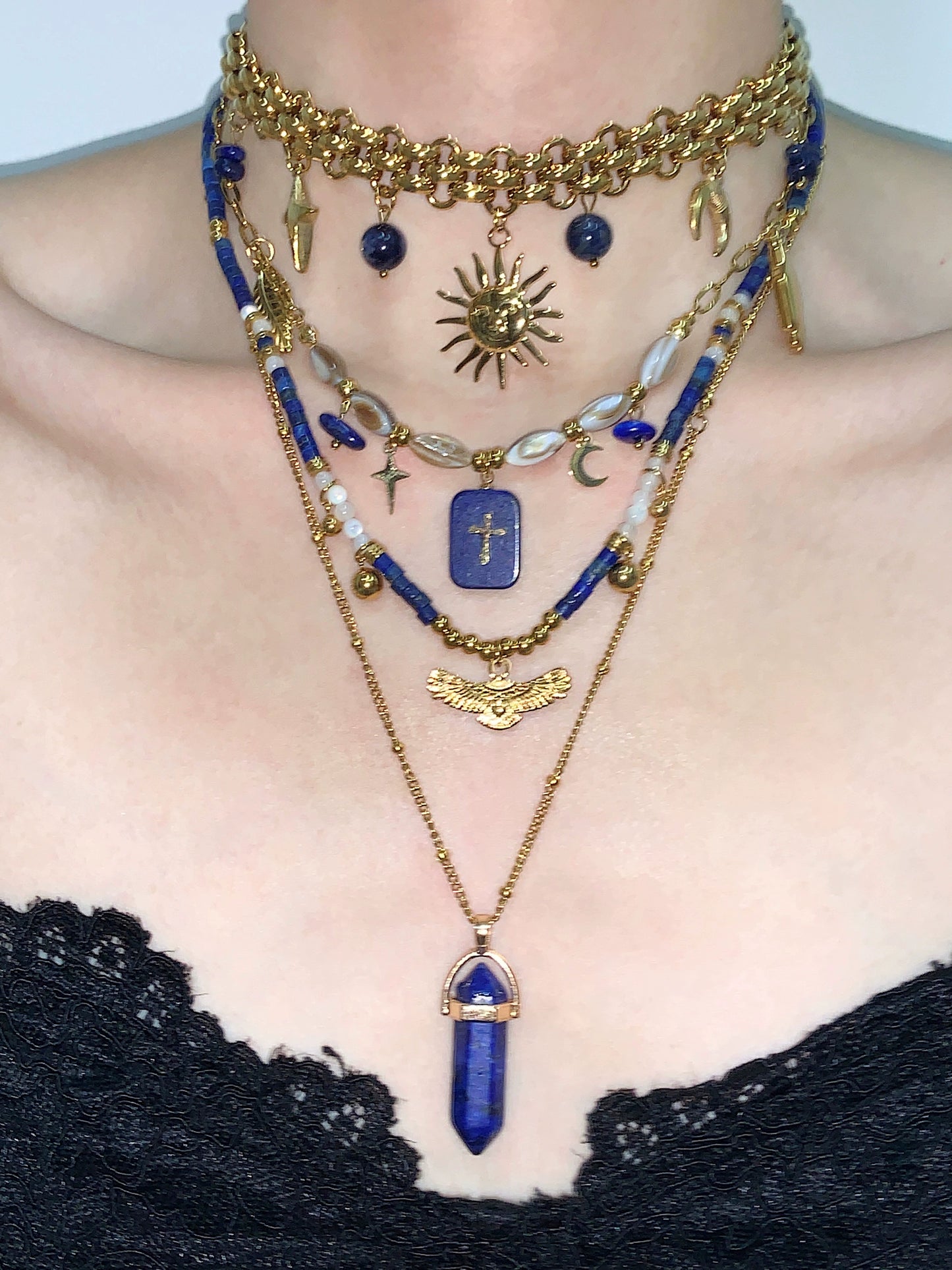 Mondrian Retro Blue Gold Sun Cross Lapis Stone Necklace