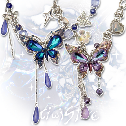 Y2K Blue Purple Sparkling Zircon Butterfly Necklace
