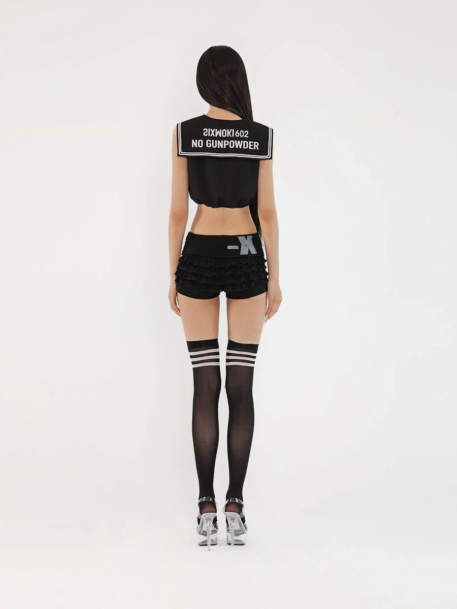 Flip up collar lace shorts