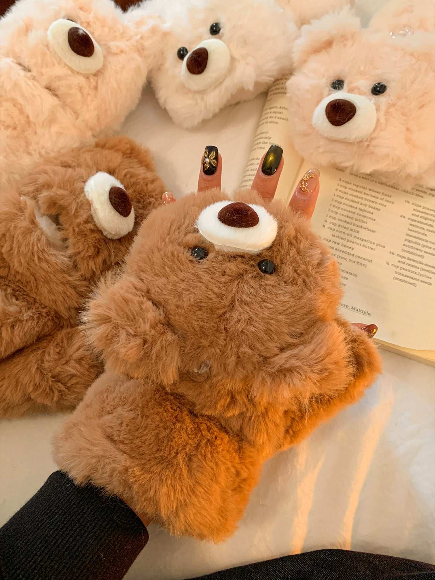 Cute teddy bear flip half finger plush gloves