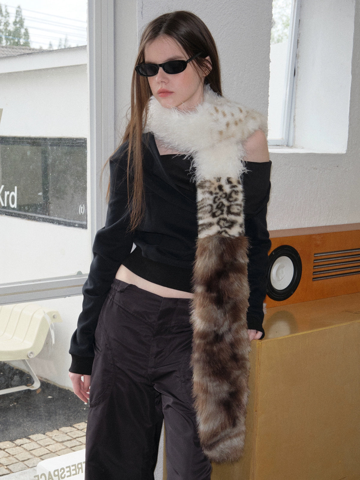 Imitation fur patchwork scarf leopard print