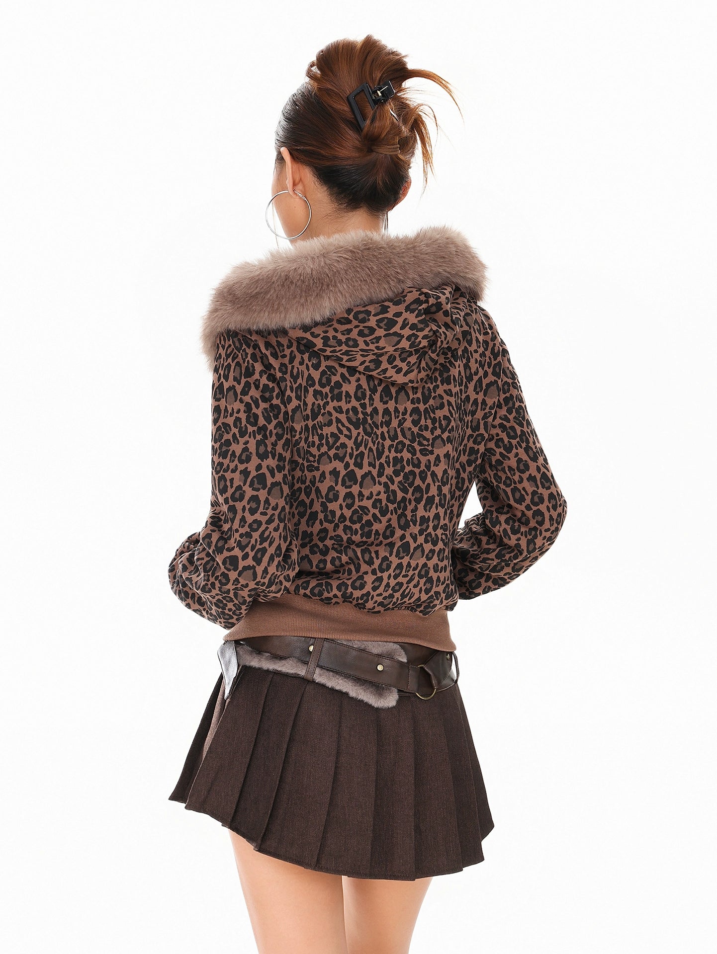 Leopard print cross patch faux fur collar hoodie