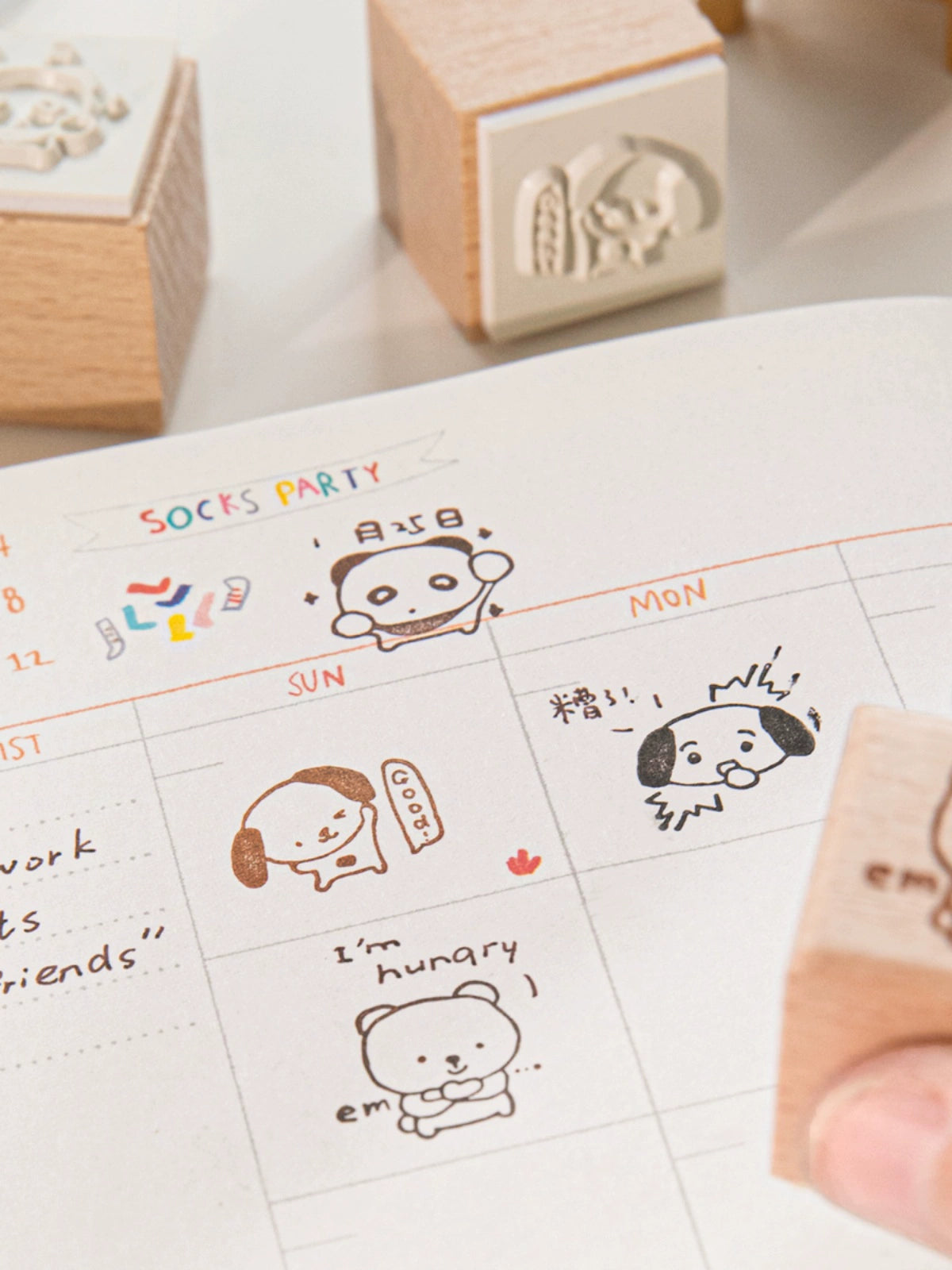 Cute cat and puppy wooden stamp