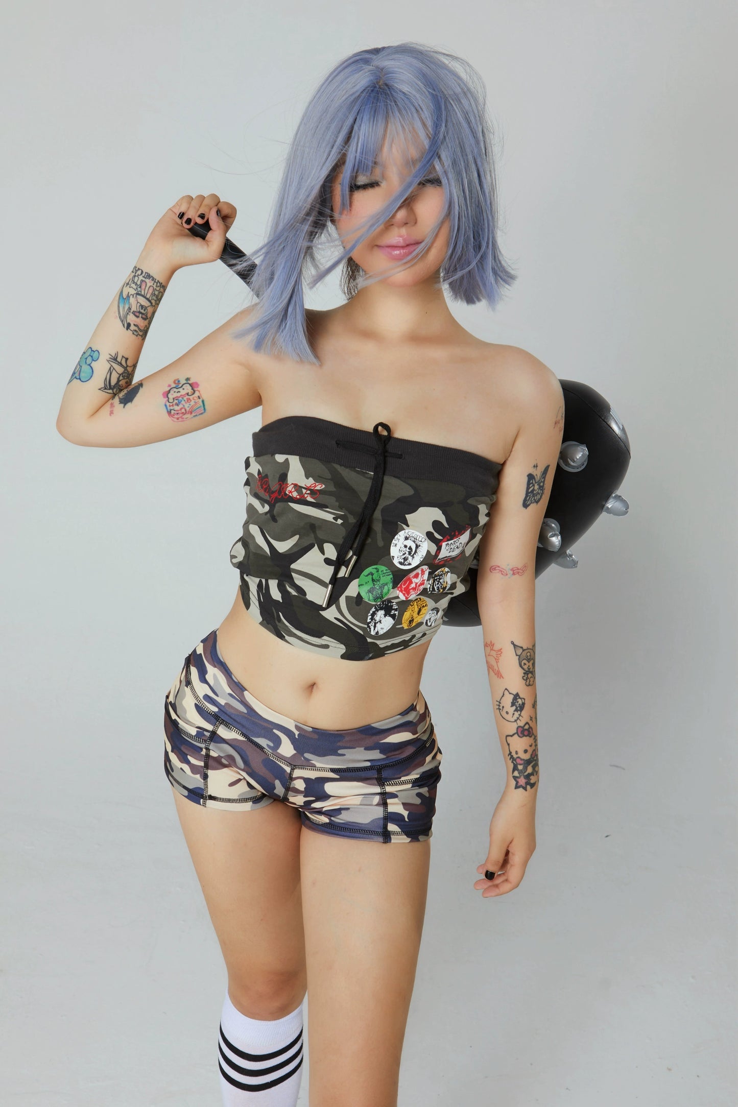 Embroidered punk camouflage tube top
