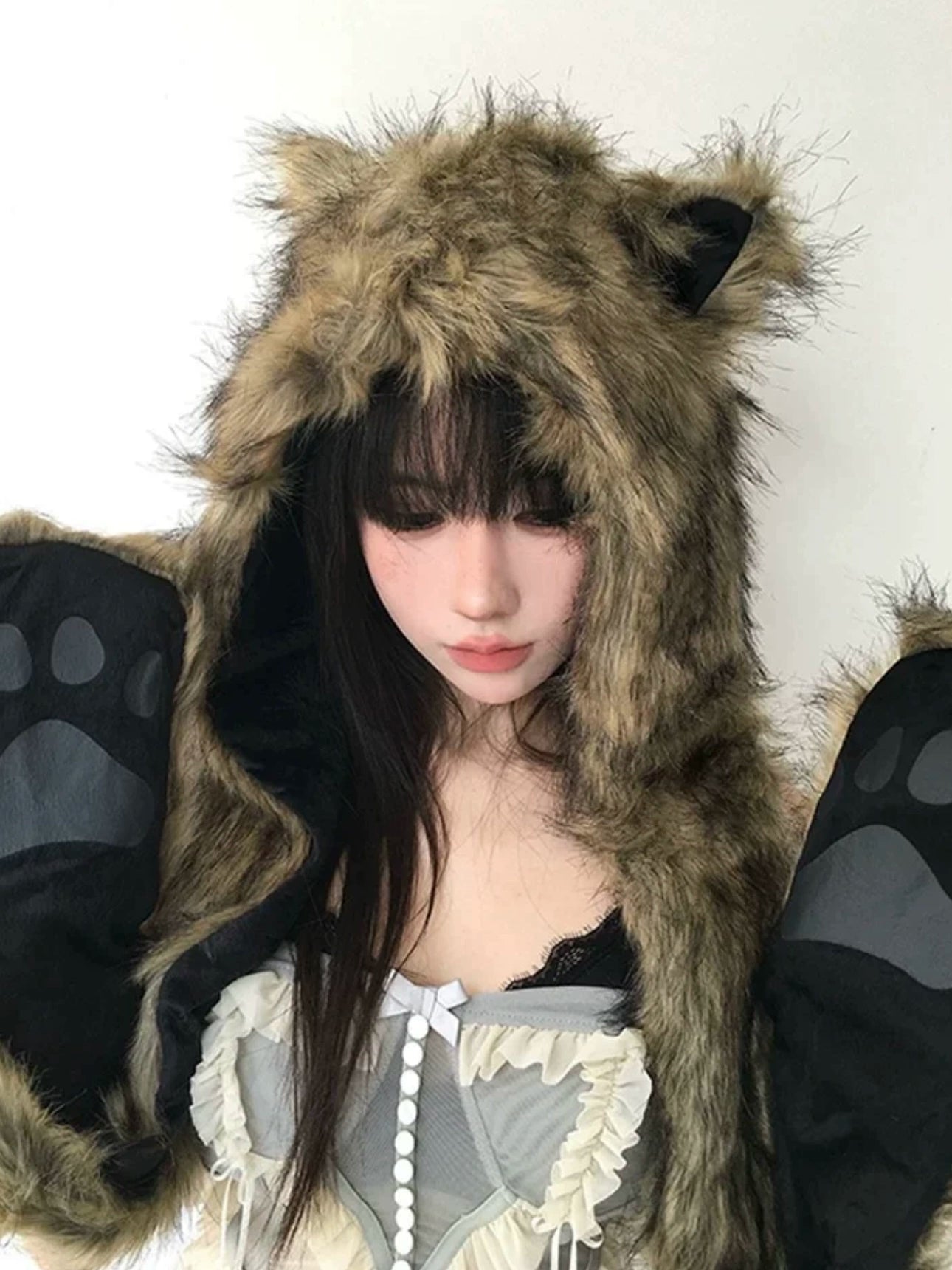 Plush hat faux fur scarf, gloves in one