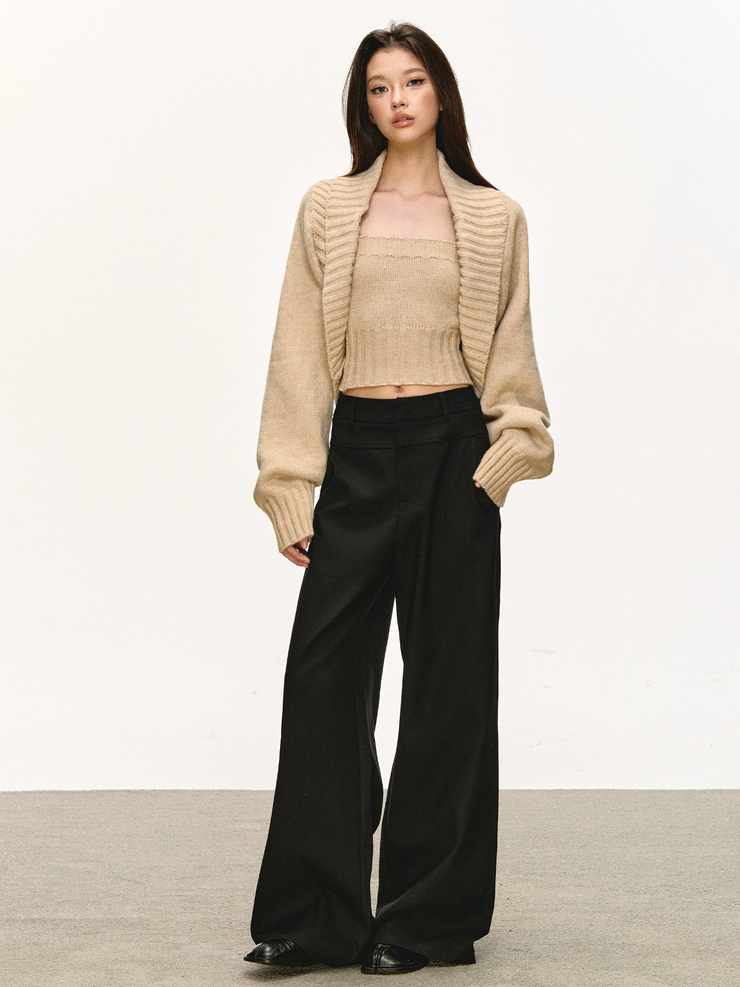 Khaki tube top cardigan sweater set