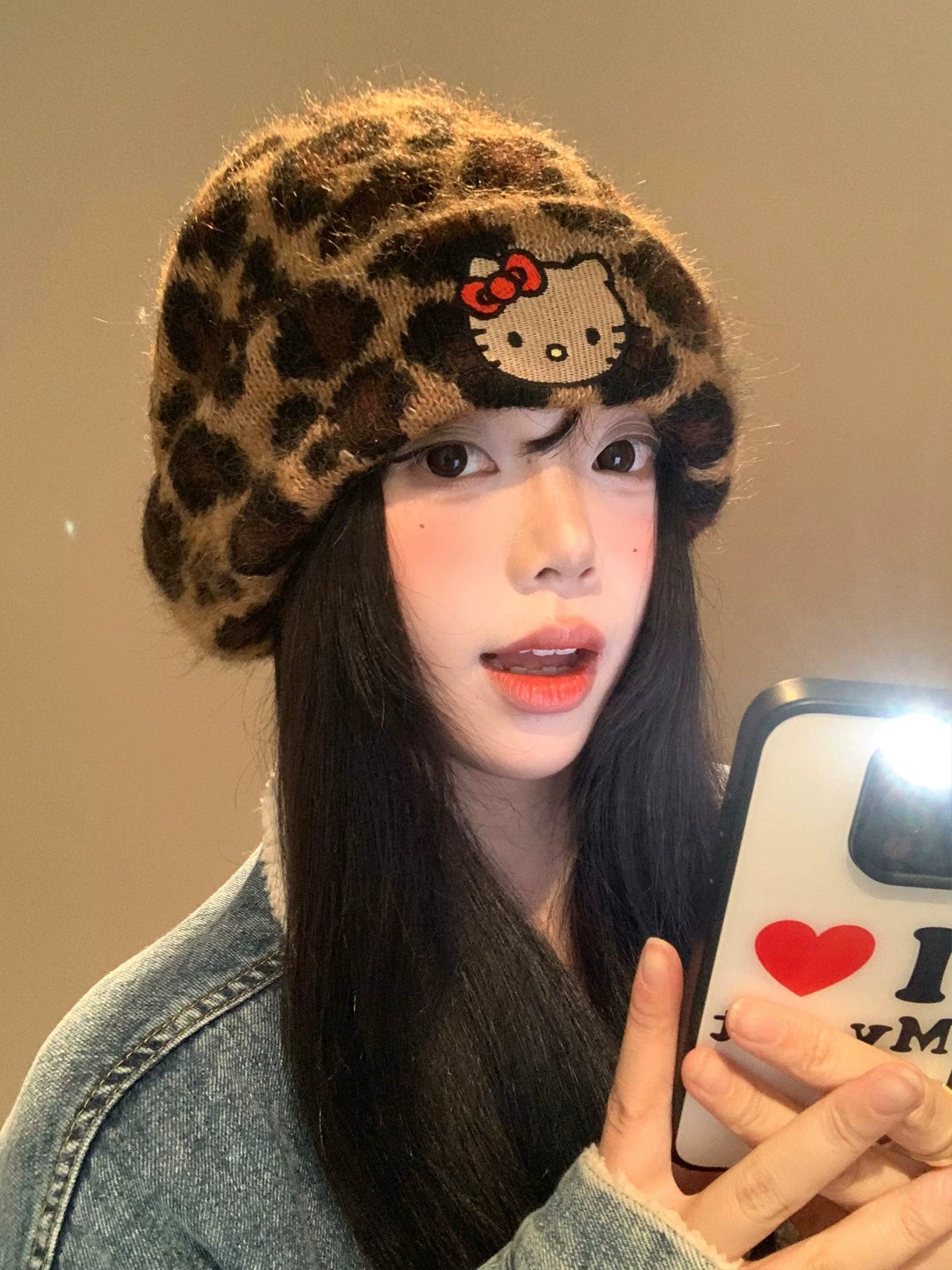 Kitty leopard print woolen hat
