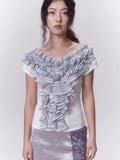 Grey green contrasting lace top