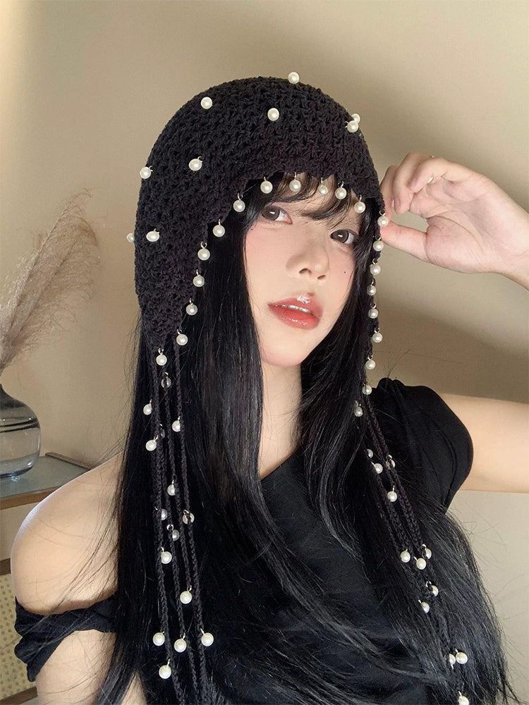 Hollow pearl tassel pendant headband cap