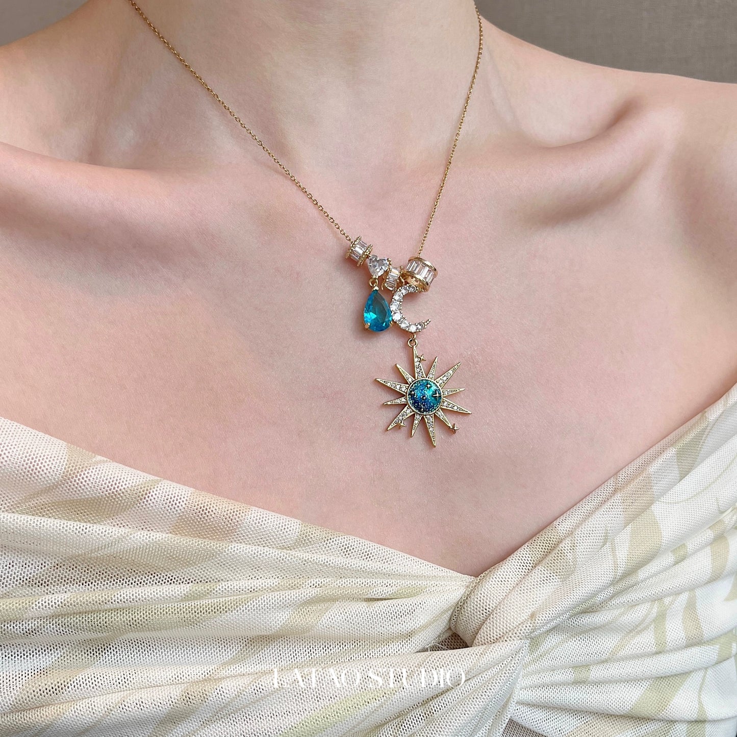 Sora Blue Sun Moon Zircon Necklace