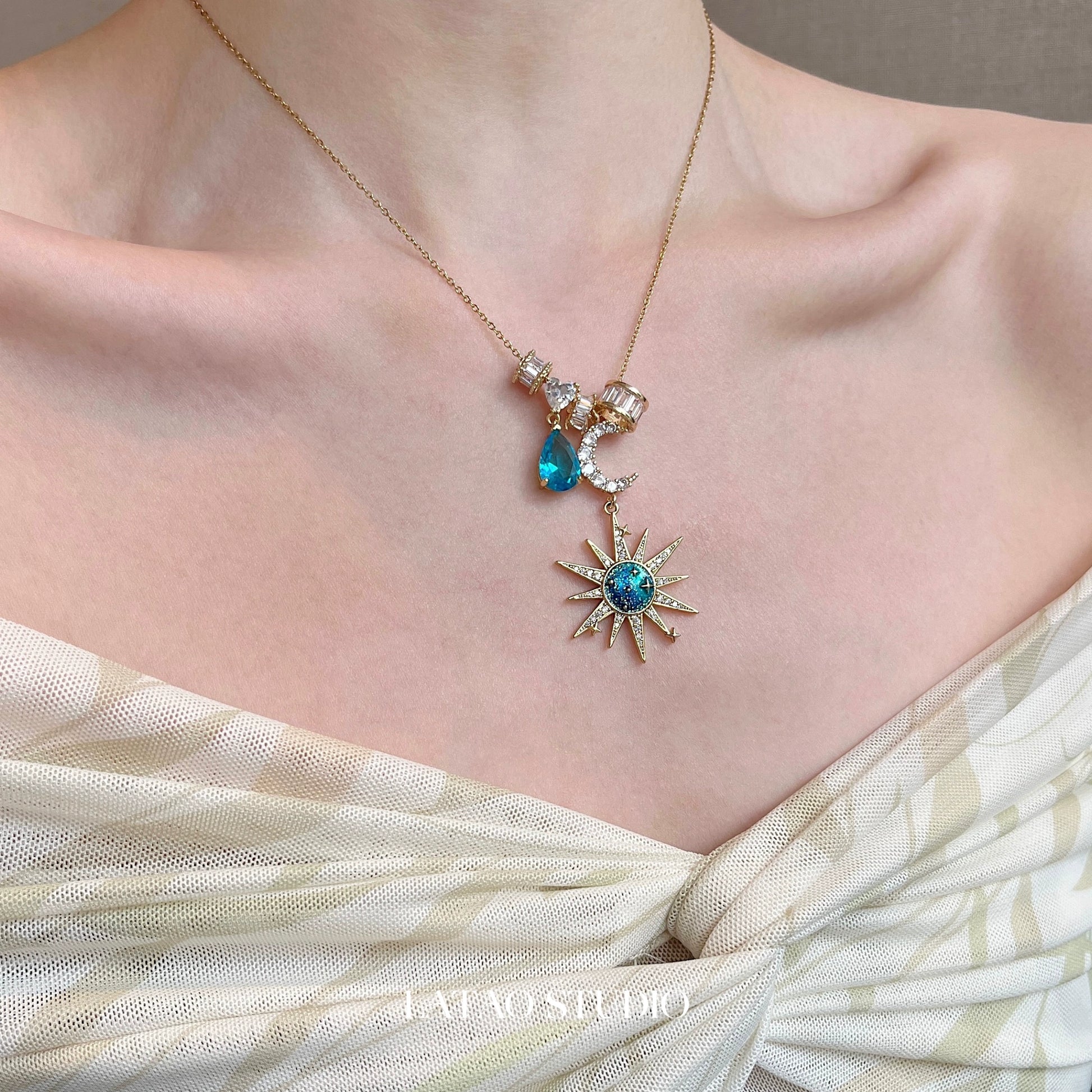 Sora Blue Sun Moon Zircon Necklace