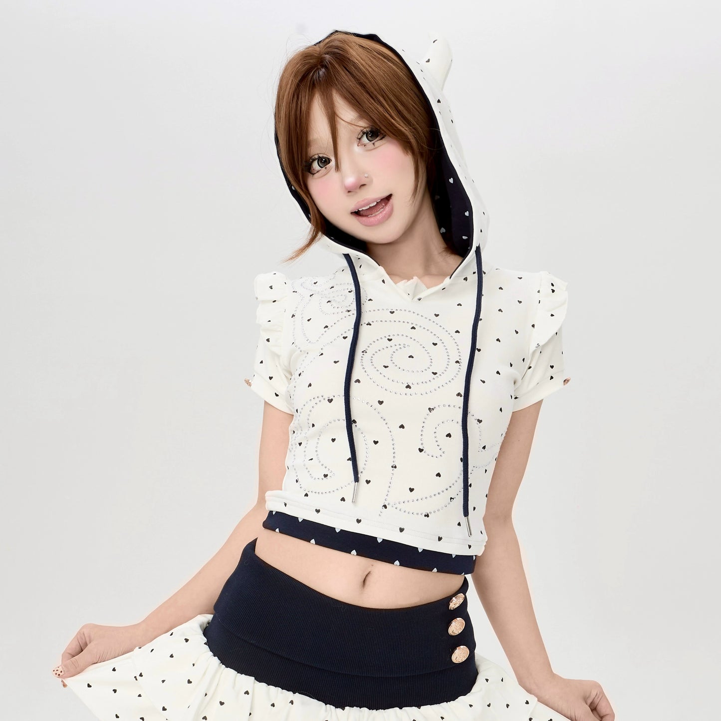 two little devil love print puff sleeve short skirt set
