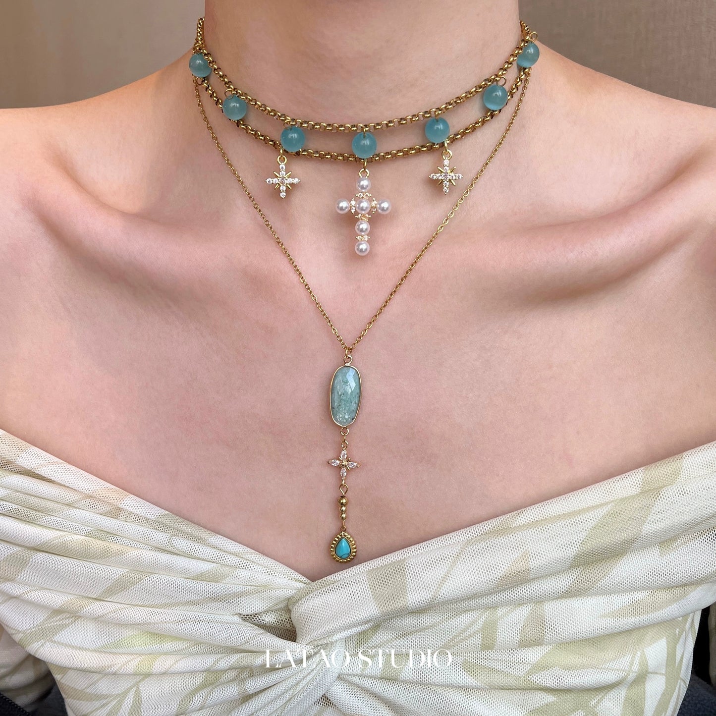 Blue Cat Eye Tianhe Stone Star Cross Titanium Steel Necklace Choker