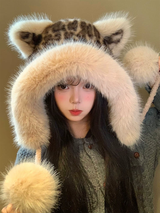 Leopard print fox ear plush hat