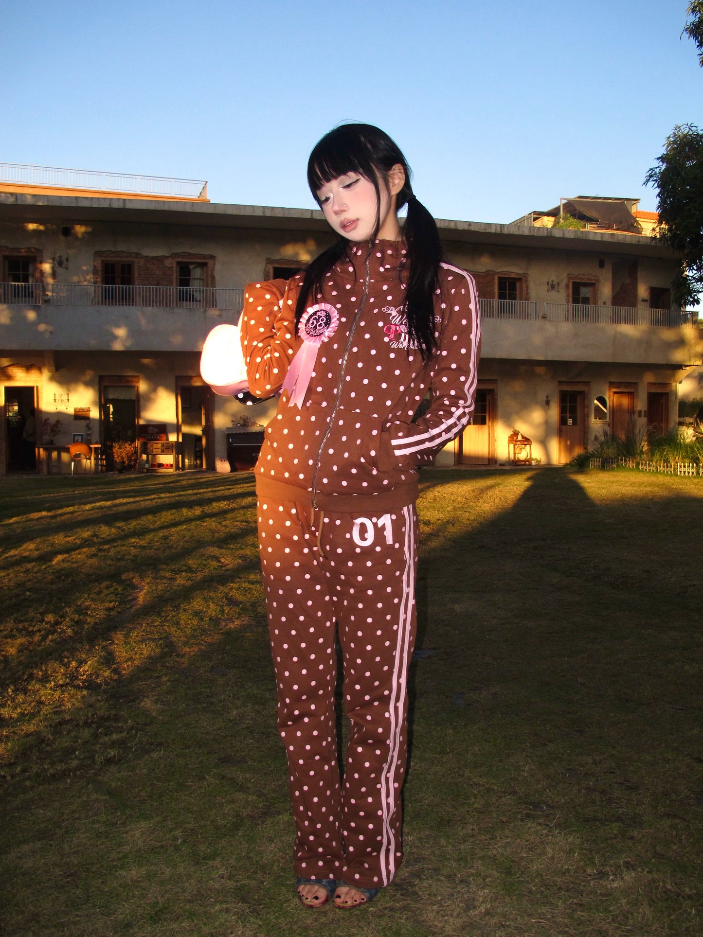 Pink polka dot Y2K brown sports set