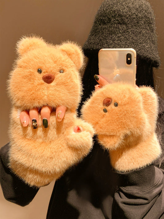 Cute teddy bear flip half finger plush gloves