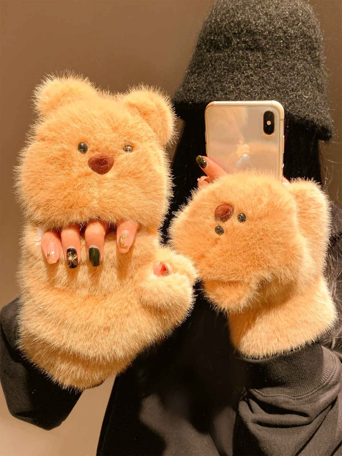 Cute teddy bear flip half finger plush gloves