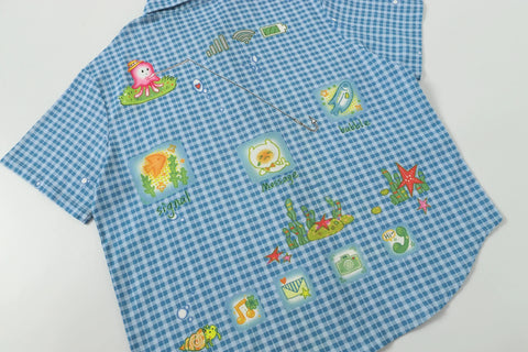 Octopus grass blue plaid short-sleeved shirt