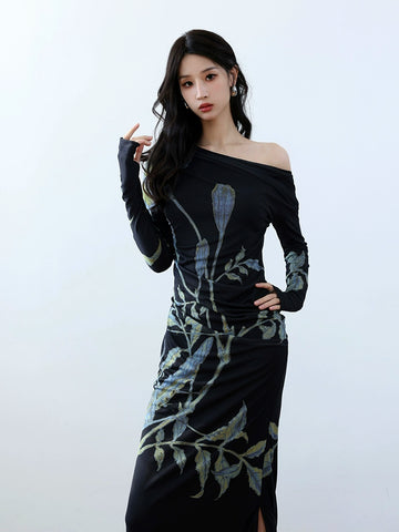 Printed diagonal shoulder mesh dress