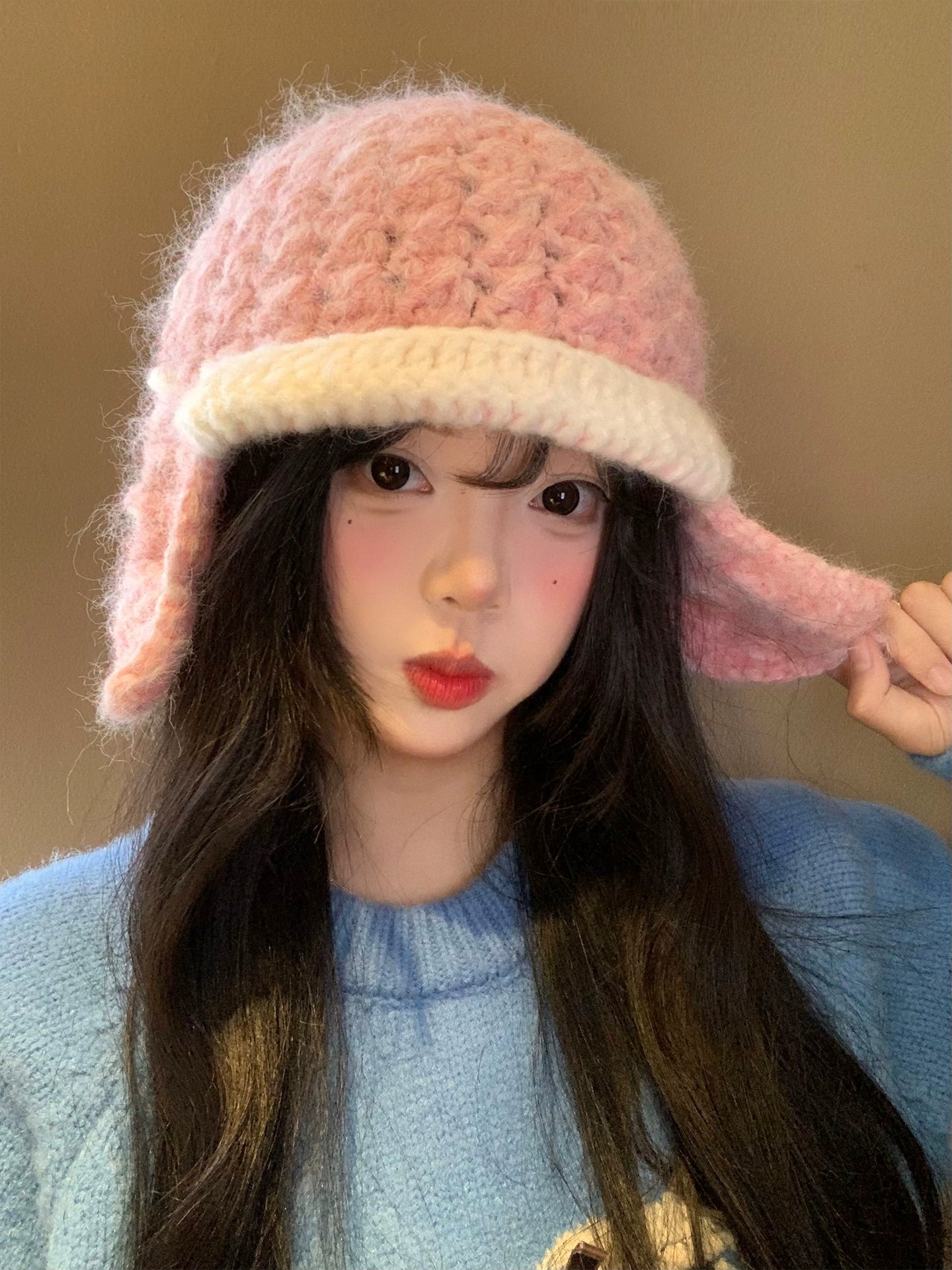 Pink plush knitted ear protection cap