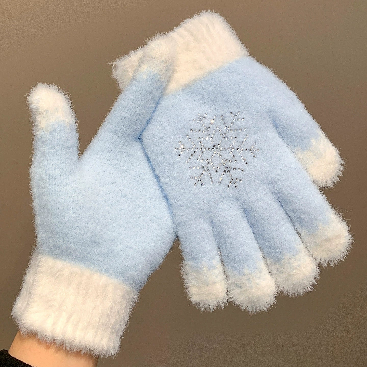 Blue rhinestone snowflake plush knitted gloves
