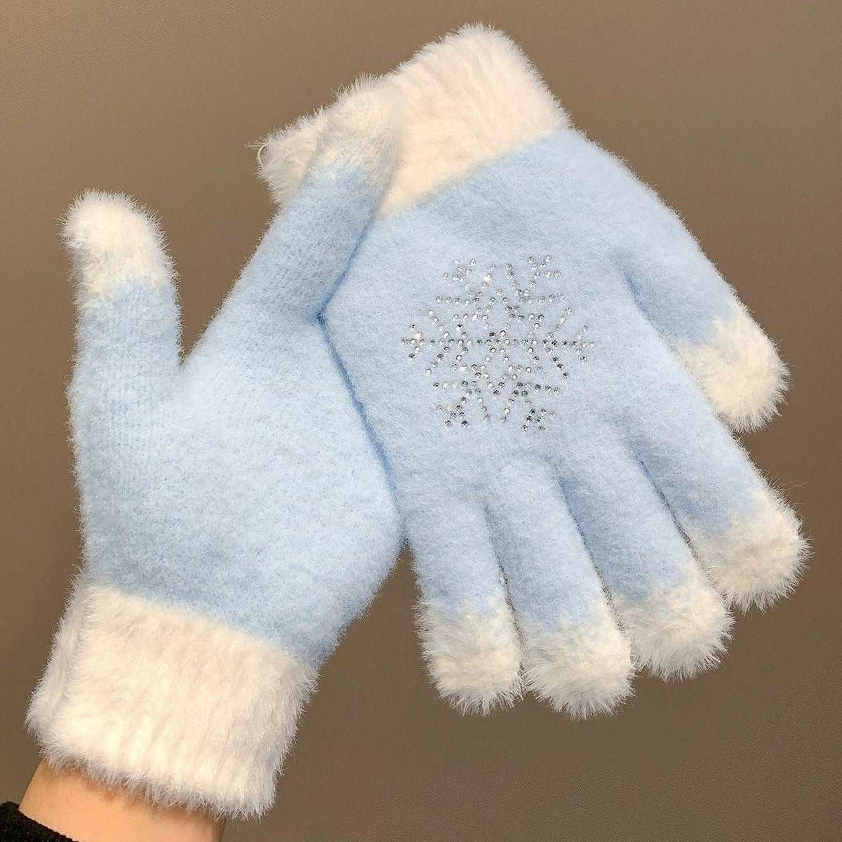 Blue rhinestone snowflake plush knitted gloves