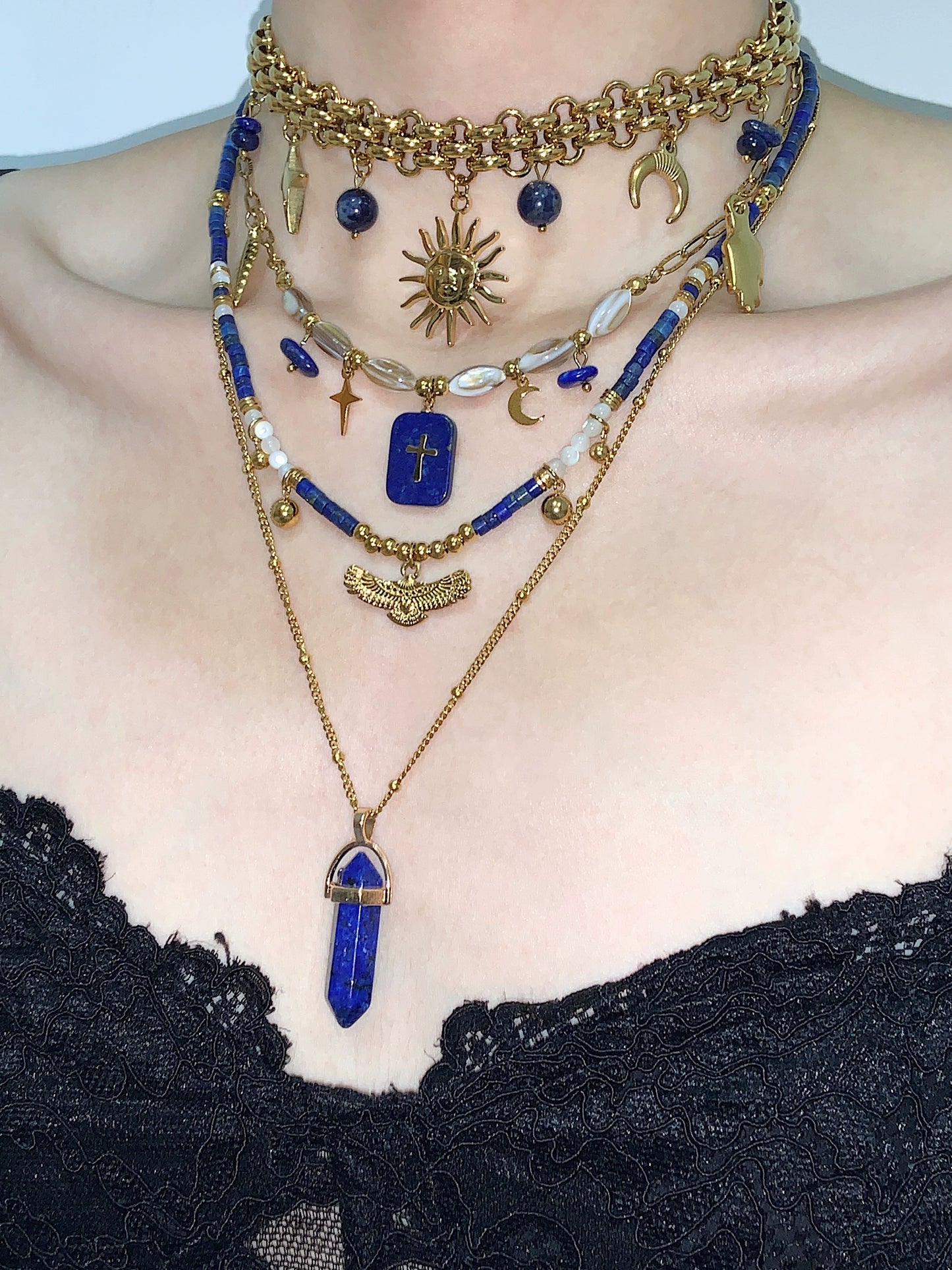 Mondrian Retro Blue Gold Sun Cross Lapis Stone Necklace