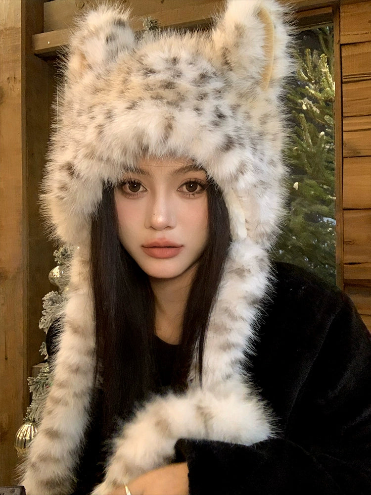 Fox Ears Leopard Pattern Plush Hat