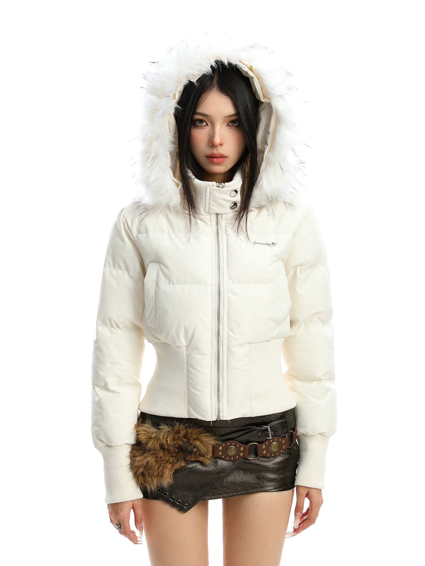 Detachable fur collar hooded short cotton padded coat