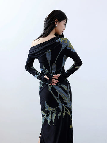 Printed diagonal shoulder mesh dress