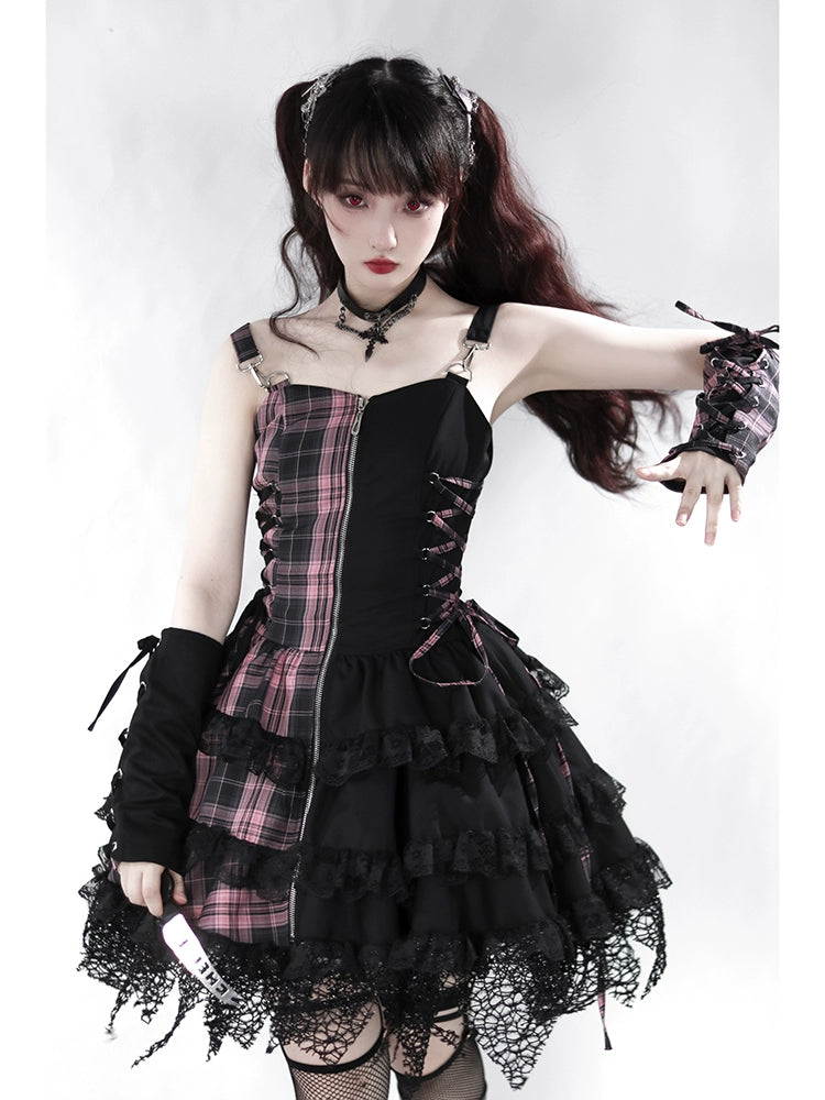 Dark Pink Grid Splicing Cake Lace Dress