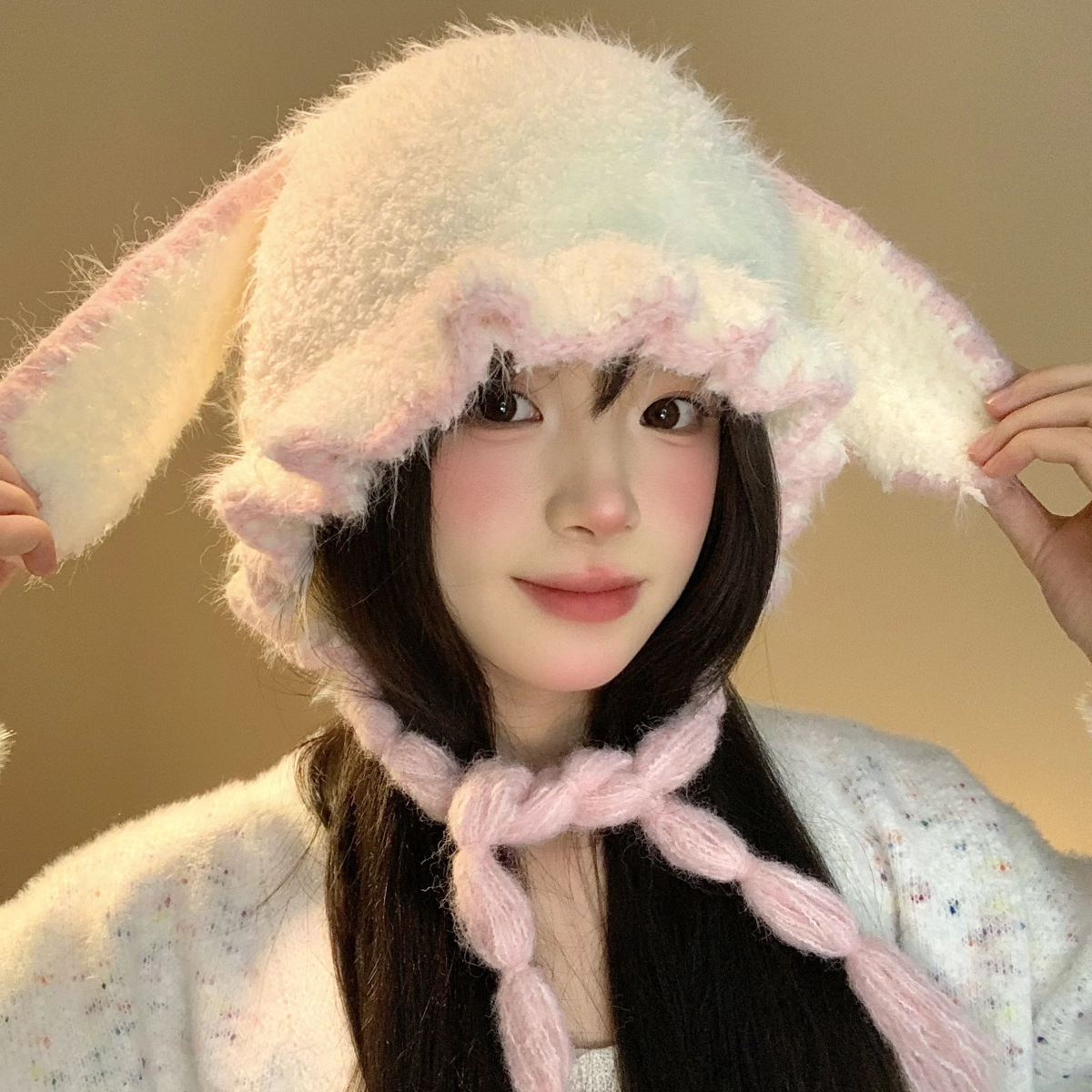 Pink rabbit ear plush knitted ear protection cap