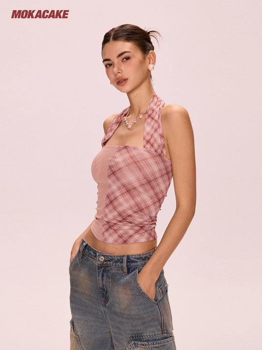 Pink checkered patchwork halter strap with exposed back