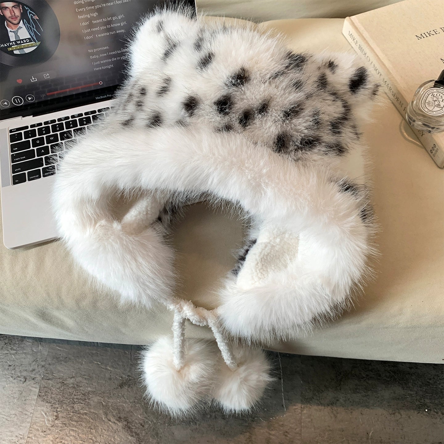 Leopard print fox ear plush hat
